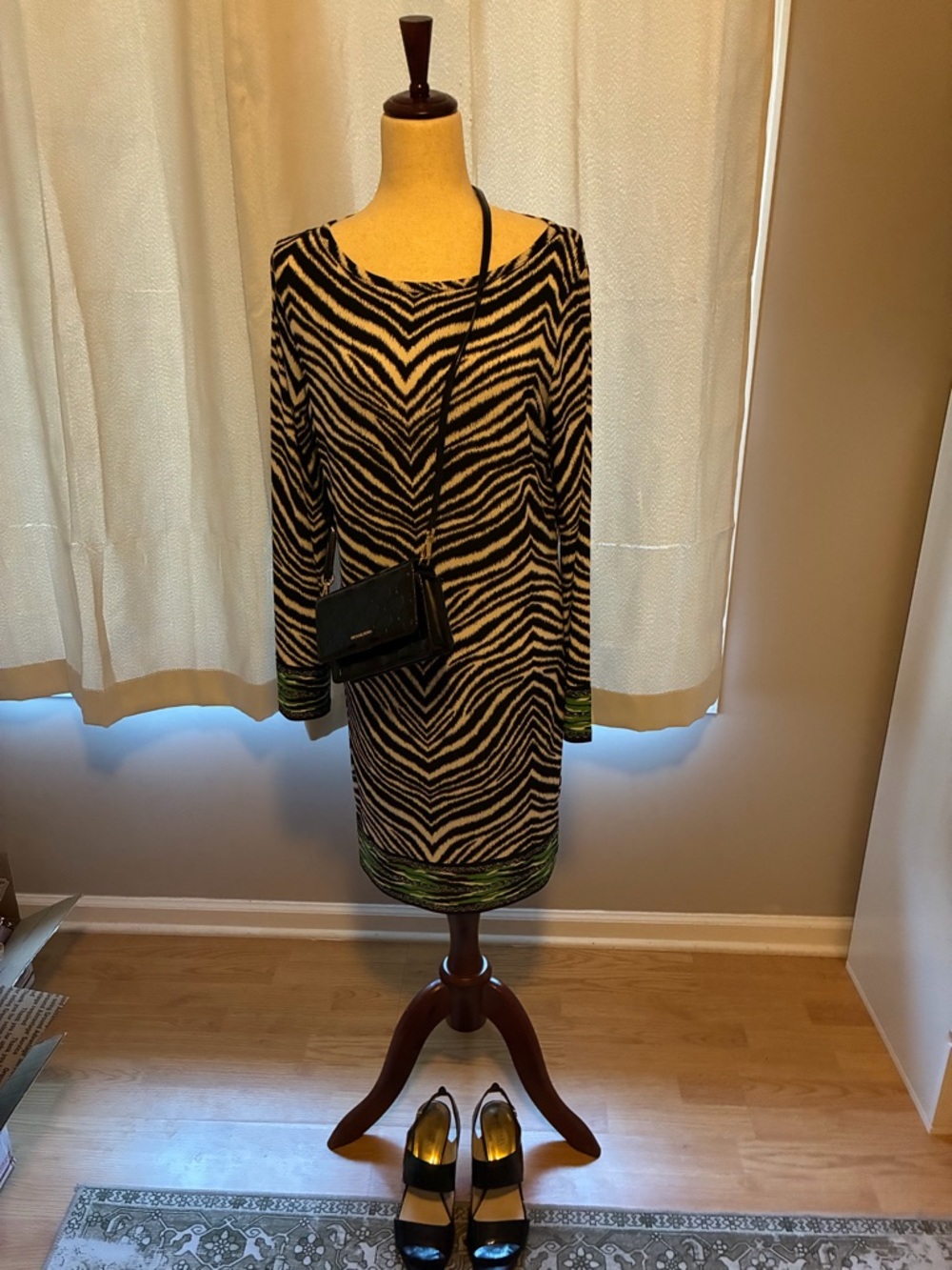 Michael Kors Black & Cream Zebra-Print Long Sleeve Shift Dress with Green Trim
